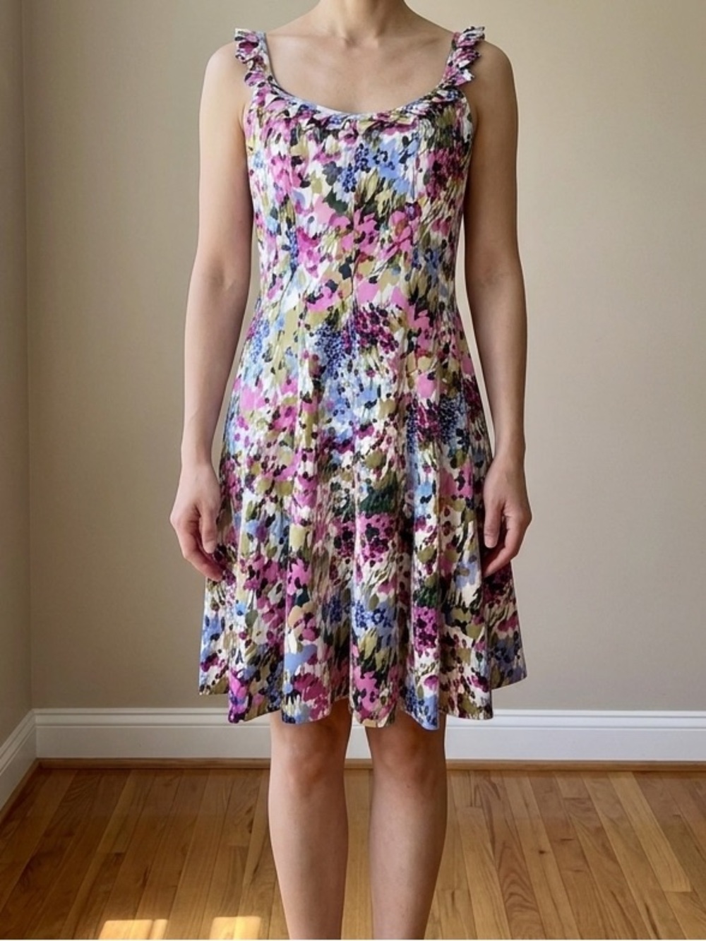 Nine West Vintage Y2K Floral Sundress Ruffle Strap Cotton Blend Lined Top EUC 10